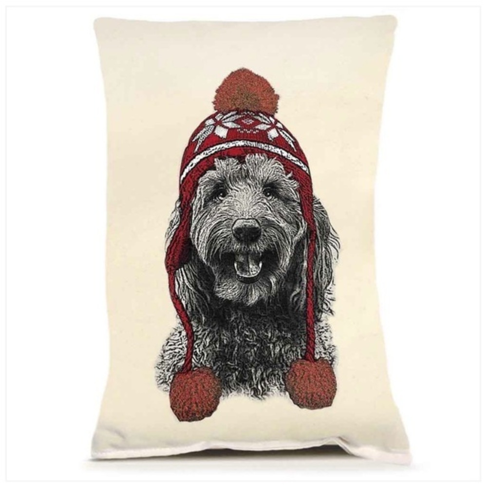 Sundance Cream Pillow with Black Dog Illustration and Red Pom-Pom Hat